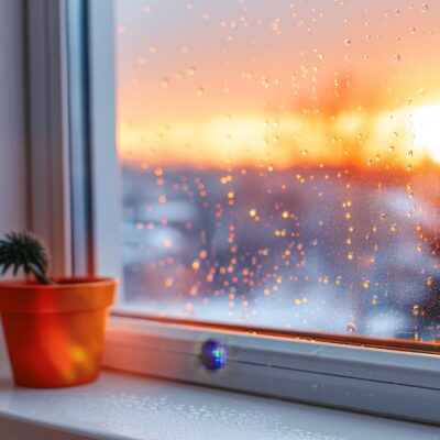 Запотевшее пластиковое окно с каплями конденсата на стекле зимой