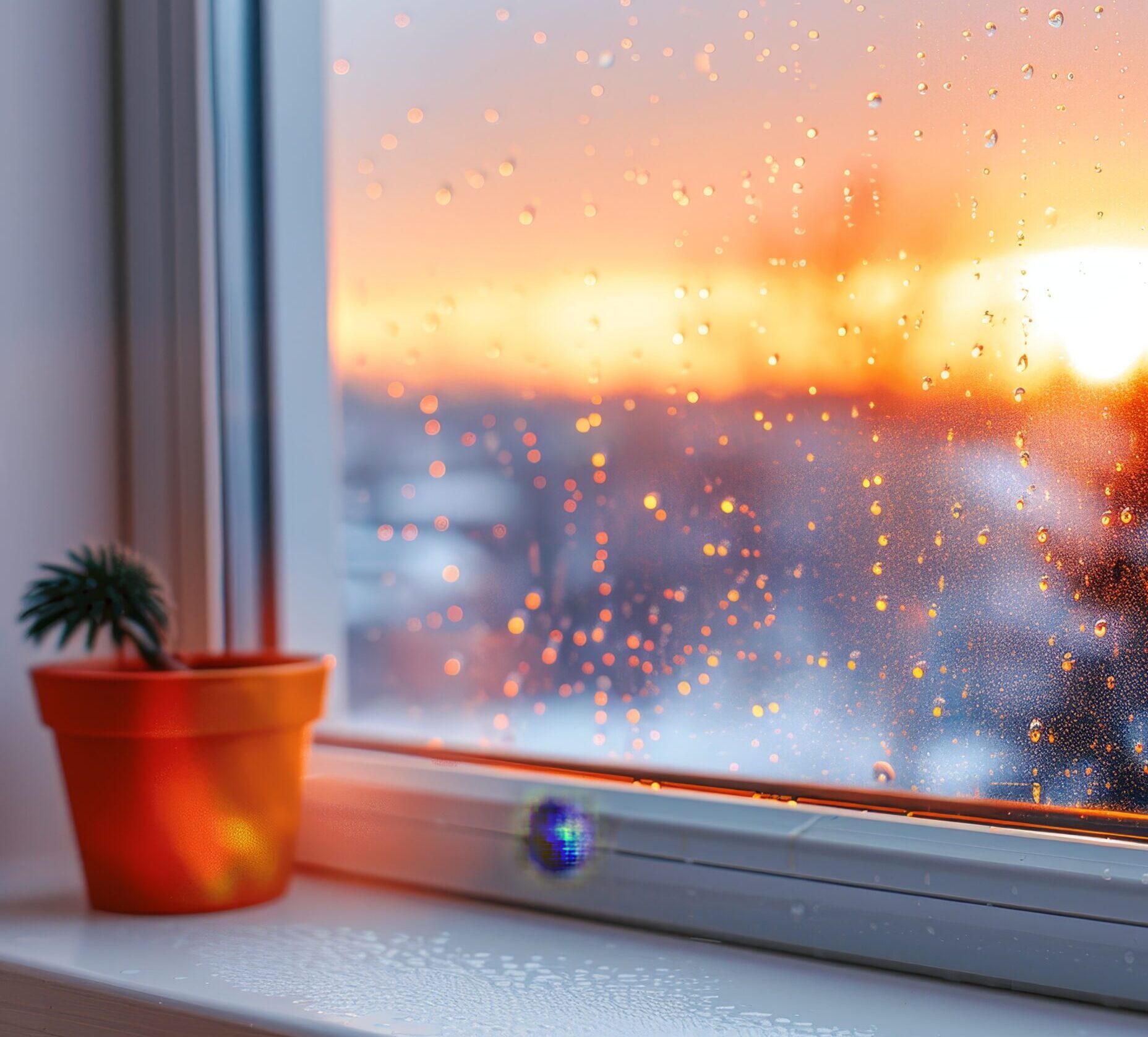 Запотевшее пластиковое окно с каплями конденсата на стекле зимой