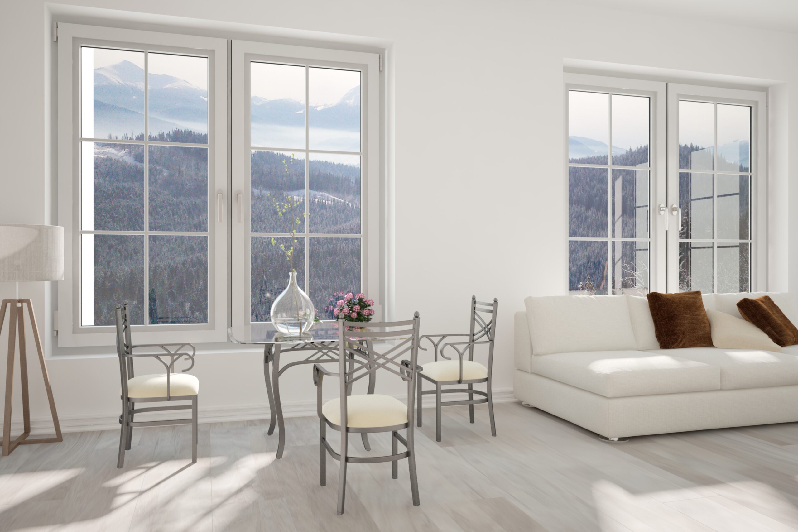 Современные пластиковые окна в светлой гостиной с видом на горы