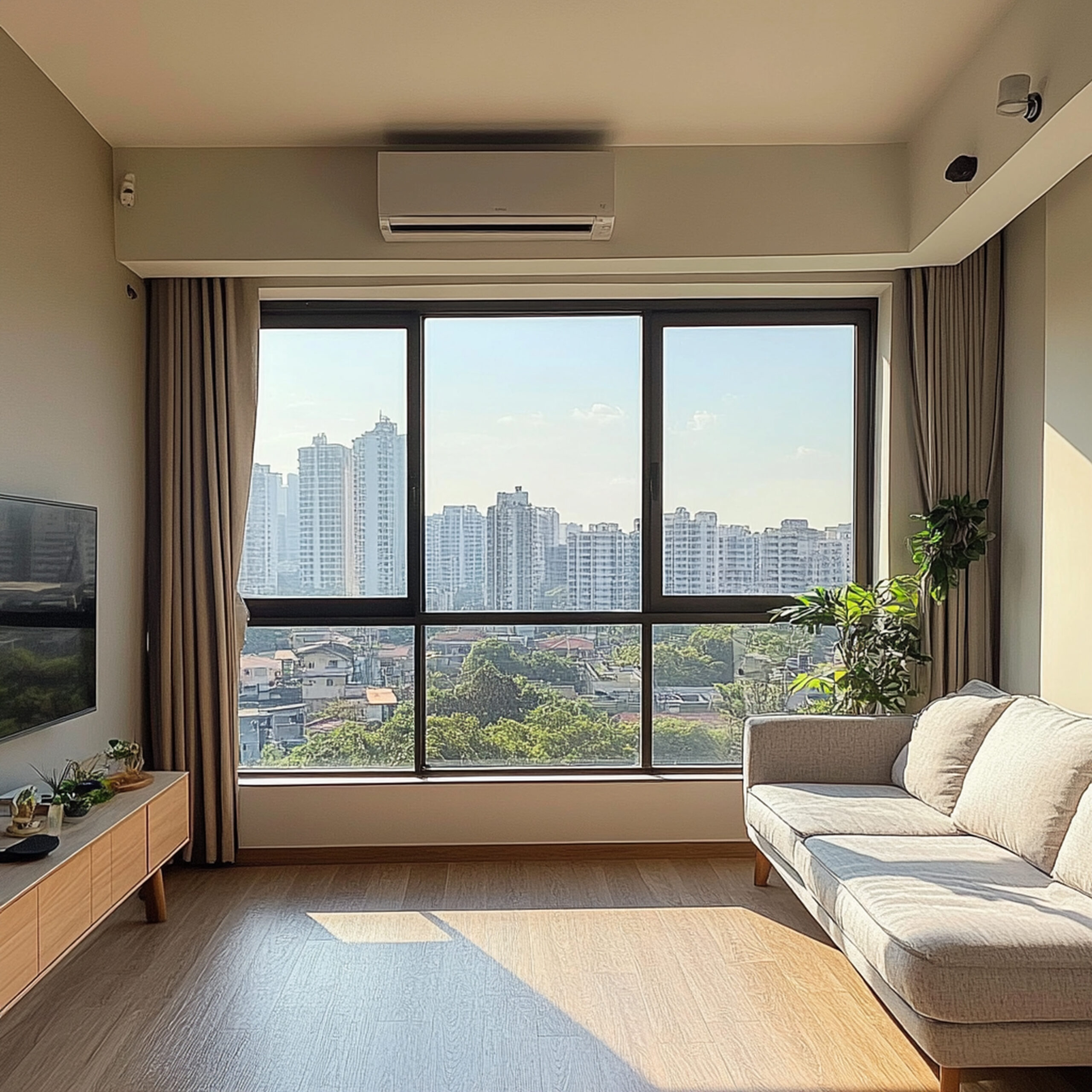 Светлая гостиная с диваном, большим панорамным окном, кондиционером над окном и видом на город