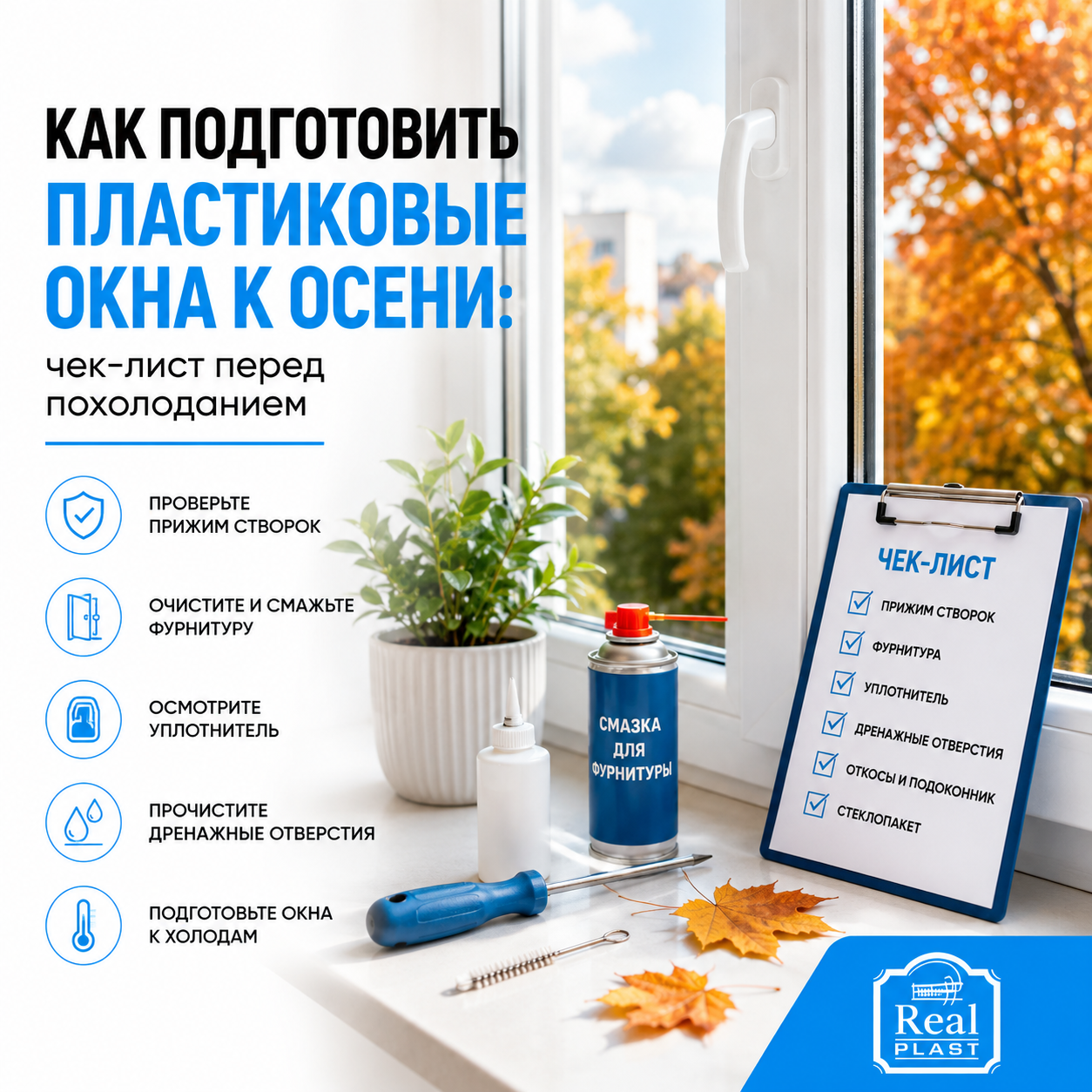 Подготовка пластиковых окон к осени: проверка прижима, уплотнителя, фурнитуры и дренажных отверстий