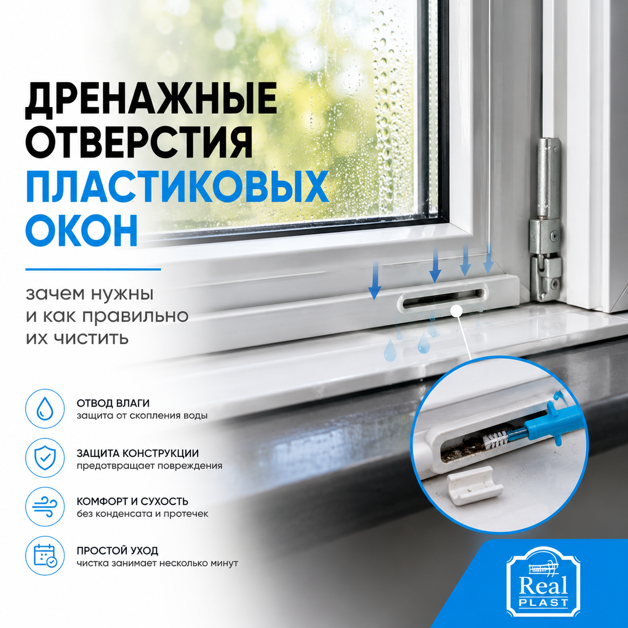 Дренажные отверстия пластикового окна и очистка каналов для отвода влаги